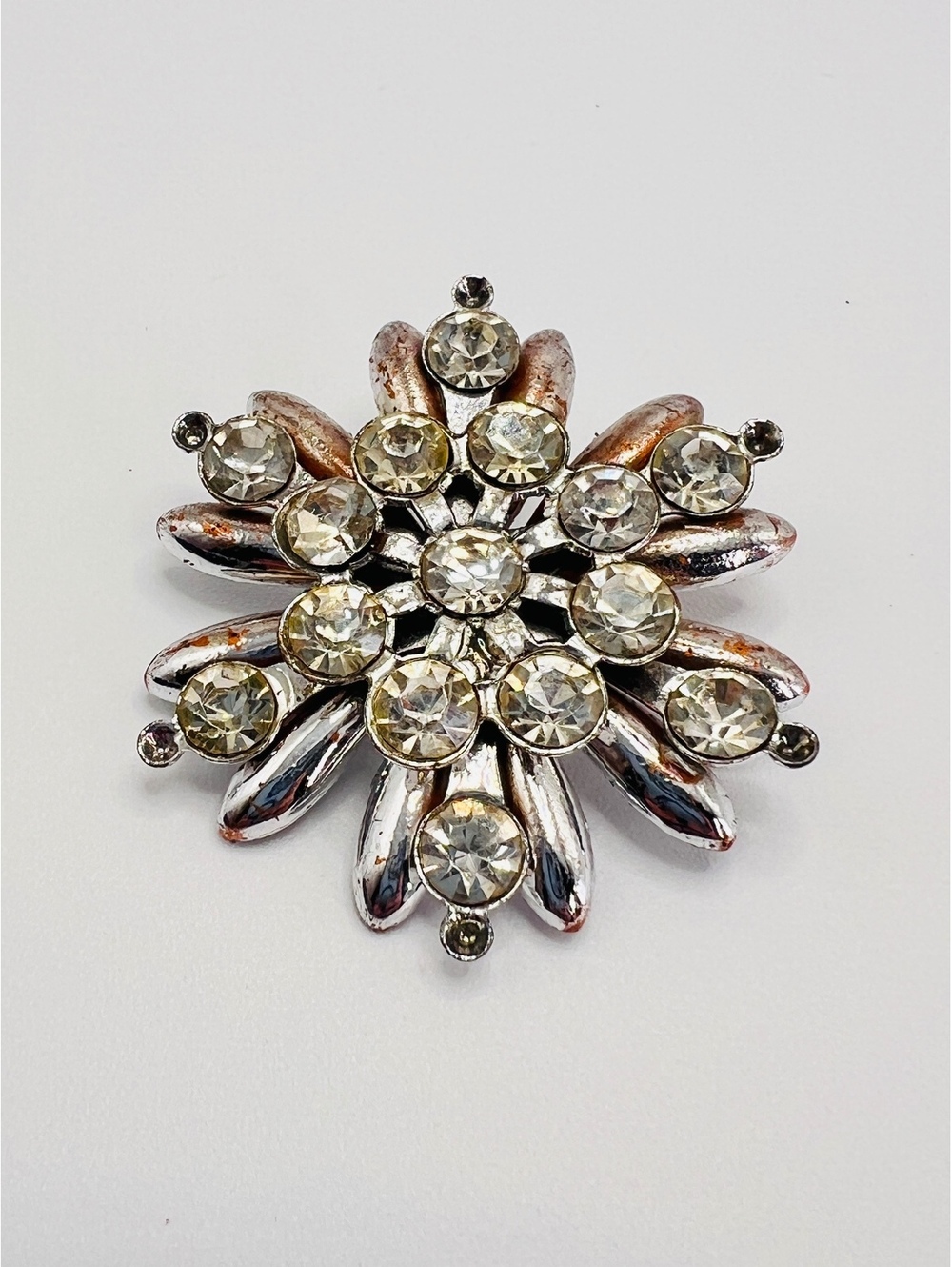 Vintage Clear Rhinestone Starburst Flower Brooch Silver Tone MCM Pin